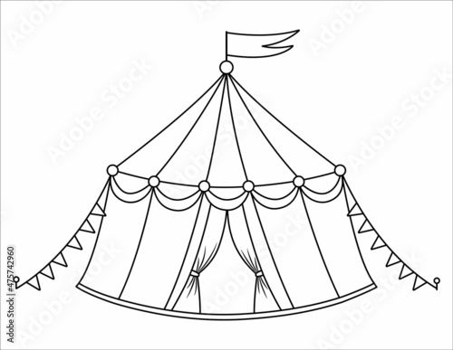 Vector black and white circus tent icon. Amusement park marquee outline clipart. Cute funny striped festival arena. Street show structure illustration or coloring page with flags.