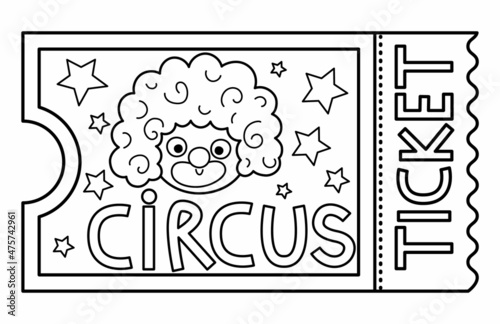 Vector circus ticket line icon. Amusement park pass outline clipart. Cute black and white street festival entrance card. Street show admission coupon illustration or coloring page with clown face.