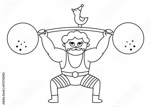 Vector black and white athlete lifting weight in stripy costume. Cute line acrobat or strongman. Circus or sport artist with muscles clipart. Amusement holiday icon. Festival character coloring page.