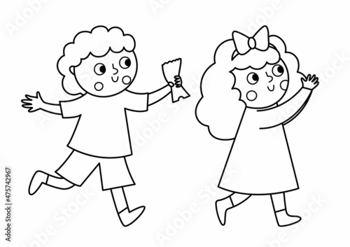 Vector black and white running little boy with ticket in hand and girl clapping hands. Outline kids looking forward to see show or play. Spectators line icon or coloring page.