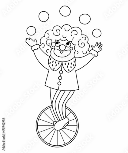 Vector clown line icon. Black and white circus artist clipart. Amusement holiday man on a wheel juggling balls. Cute funny festival character coloring page. Street show comedian juggler illustration.