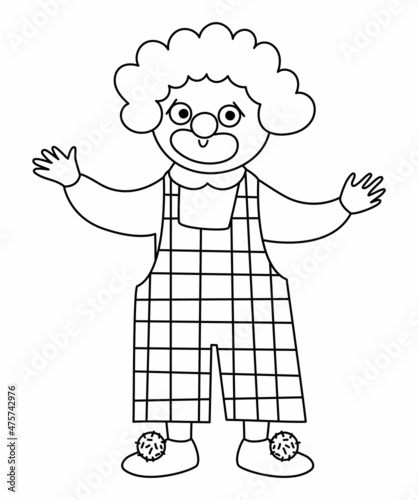 Vector clown line icon. Black and white circus artist clipart. Amusement holiday man. Cute funny festival character coloring page. Street show comedian illustration.