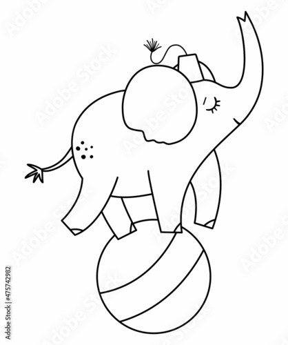 Black and white elephant on a ball. Vector circus outline animal. Amusement holiday line icon. Cute funny festival character clip art. Street show comedian illustration.