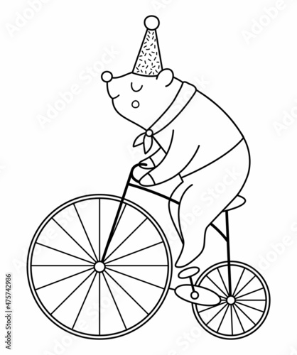 Black and white bear riding a bike. Vector circus animal. Amusement holiday line icon. Cute funny festival character outline clip art. Street show comedian illustration or coloring page.