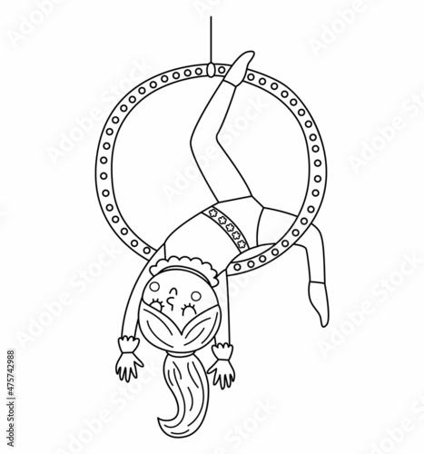 Vector black and white gymnast girl making a trick on hoop. Cute funny acrobat. Circus or sport artist clipart. Amusement holiday line icon. Festival character illustration or coloring page.