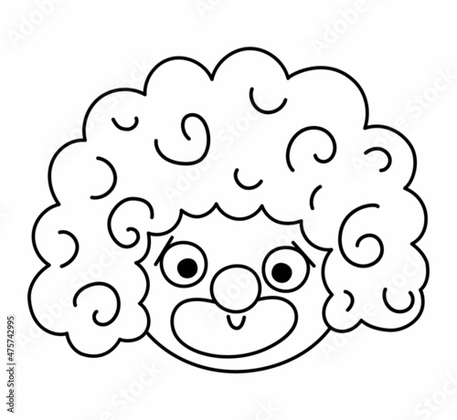Vector black and white clown face. Circus artist avatar outline clipart. Amusement holiday line icon. Cute funny festival character clip art. Street show comedian illustration or coloring page.