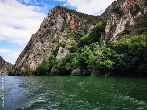  Lake in the Matka canyon - Macedonia. Mountains, emerald water, motor boats. Landscape without people