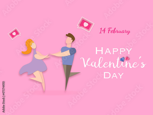 Happy Valentines Day card with couple. Greetings card in paper cut style for Valentine's Day.