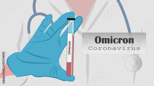 Omicron variant of COVID concept. Woman holds test tube with new strain of coronavirus in her hands. Outbreak of infection, pandemic. Mutated virus from South Africa. Cartoon flat vector illustration photo