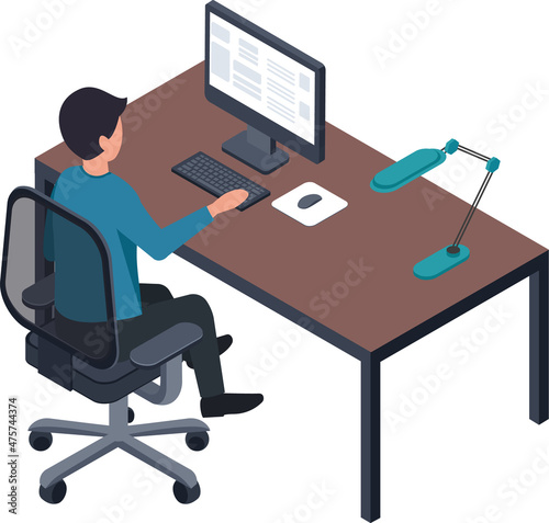 Man at work place use computer, developer or designer. Vector man in office, working with design at table, illustration of modern job interior