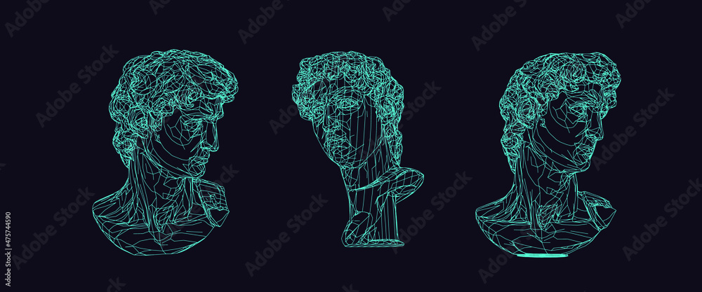 Set of 3D models of gypsum heads. Cyberpunk sci-fi style vector illustration. - obrazy, fototapety, plakaty 
