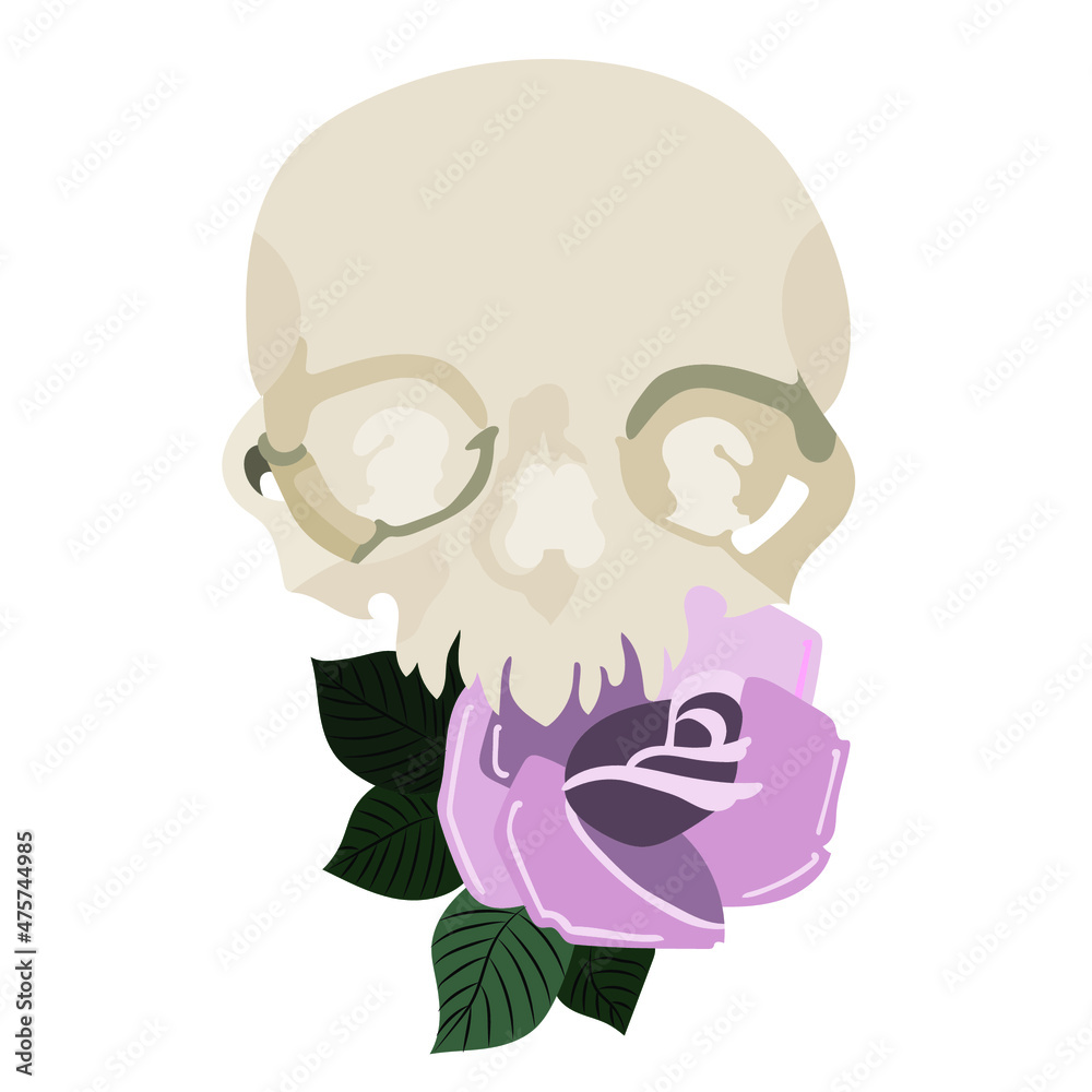 Fototapeta Metaliczna czaszka z kwiatami róż na białym tle. Ilustracja wektorowa.