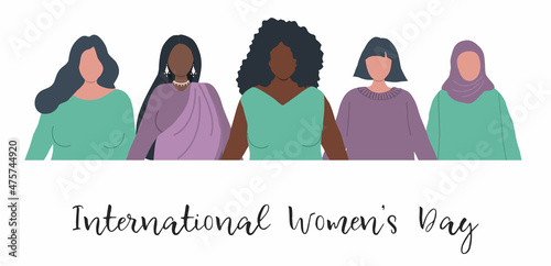 Diverse group of women are stand together. International Women's Day concept. Women's community. Female solidarity. Vector illustration
