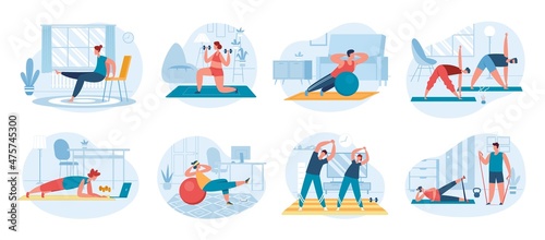 People exercise at home, doing indoor fitness or cardio workout. Characters practicing yoga, stretching, doing aerobic exercises vector set. Athletic couple having physical activities