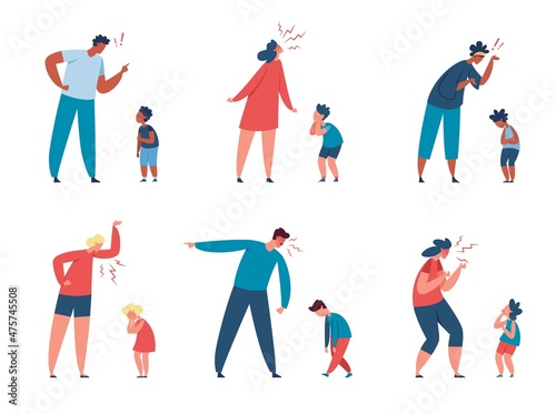 Angry parents yelling at kids, bad parenting, family problems. Frustrated mother shouting at scared child, father scolding son vector set. Family abuse, adults punishing frightened children