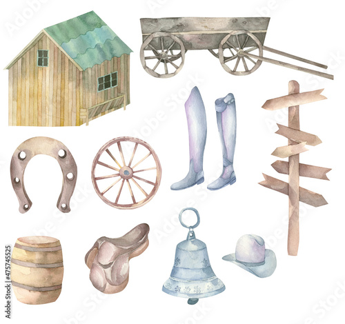 Set of elements of a horse ranch: a barn, a cart, a horseshoe and other elements. Hand drawn watercolor.