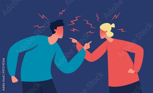 Angry couple shouting at each other, marriage problems. People quarrel, wife and husband arguing, family conflict vector illustration. Man and woman yelling aggressively with angry expression