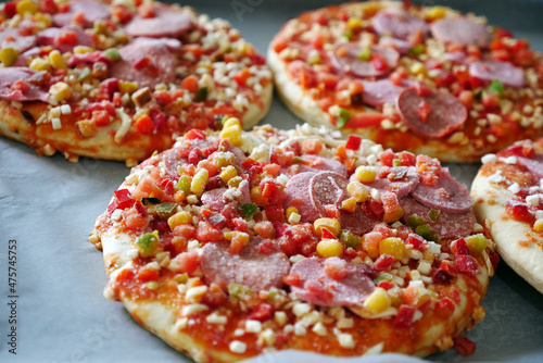 frozen pizza in a baking tray, ready pizza, frozen foods,