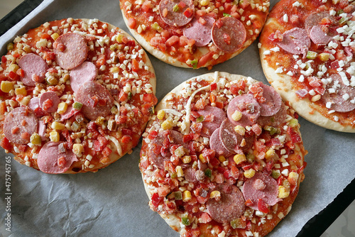 ready pizza, frozen pizza, ready-to-cook hot dog and cheese pizza,