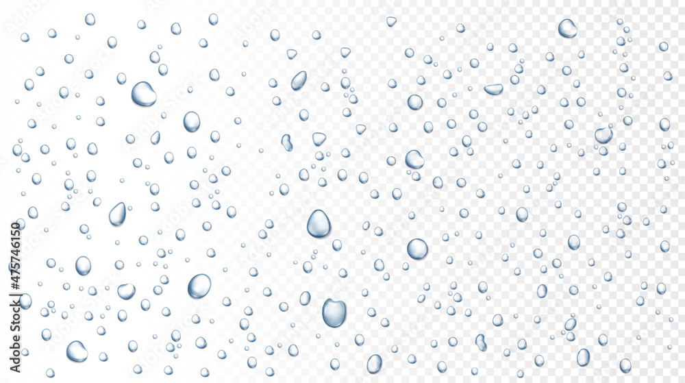 Water rain drops on window, shower steam condensation on glass. Realistic raining droplets, raindrops on transparent surface vector background. Pure aqua blobs on transparent backdrop - obrazy, fototapety, plakaty 