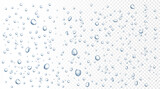 Water rain drops on window, shower steam condensation on glass. Realistic raining droplets, raindrops on transparent surface vector background. Pure aqua blobs on transparent backdrop