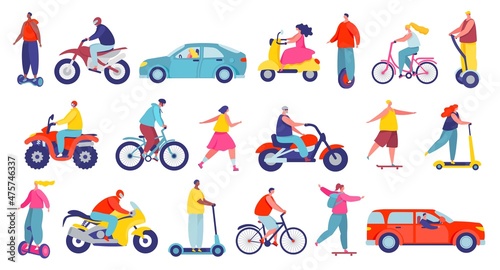 People on different city transport, characters riding personal vehicles. Men and women on bicycle, motorbike, scooter, skateboard vector set. Girls and boys roller skating, riding unicycle