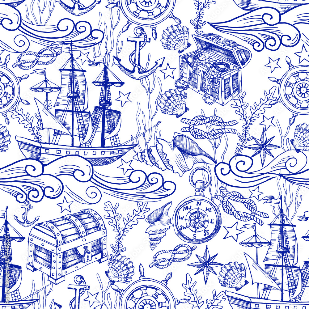 Seamless vector pattern with hand drawn sketches of the ship, ruder, knot,  sea shell and other illustrations in nautical adventure style. Blue ink  drawings on white background, toile de jouy ornament. Stock