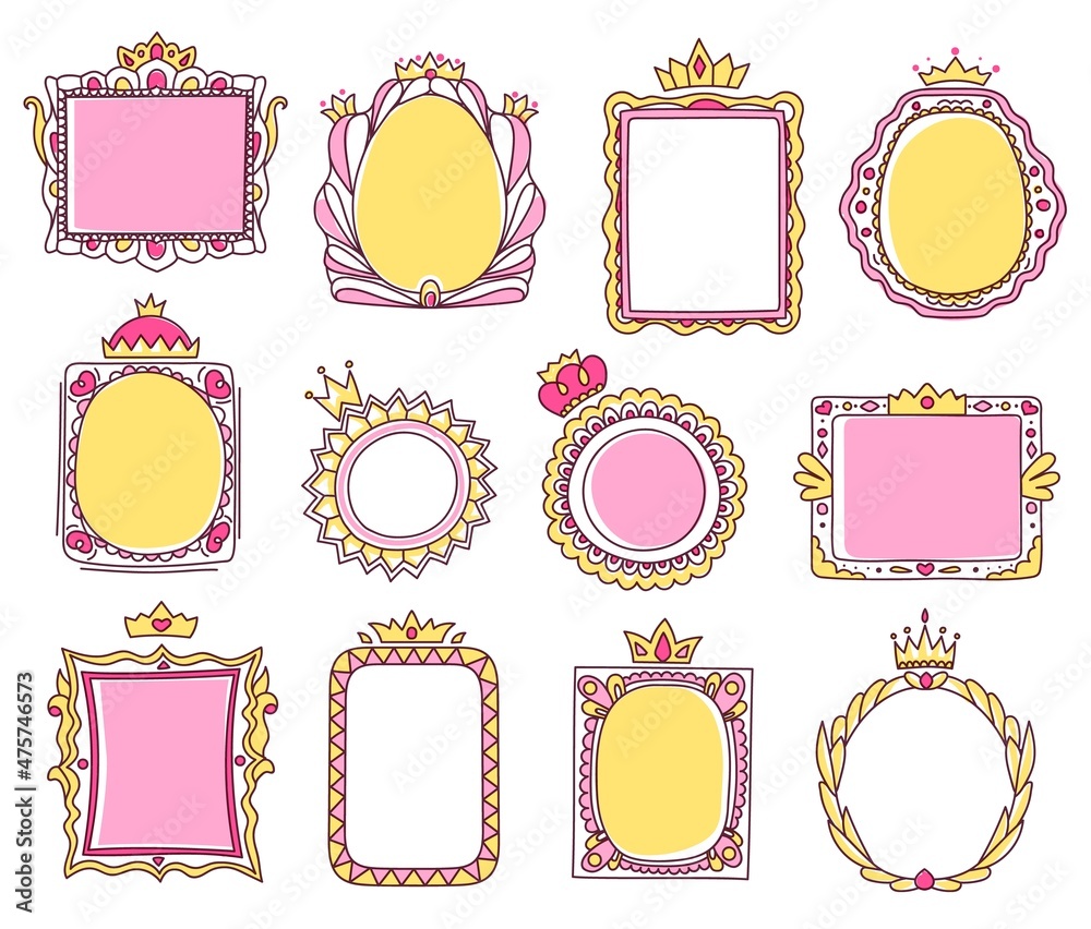 Cute hand drawn pink princess frames with crowns. Sketch photo or mirror frame with tiara, girly doodle border for baby princesses vector set. Royal romantic framework with swirls isolated on white