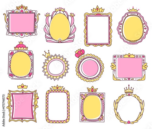 Cute hand drawn pink princess frames with crowns. Sketch photo or mirror frame with tiara, girly doodle border for baby princesses vector set. Royal romantic framework with swirls isolated on white