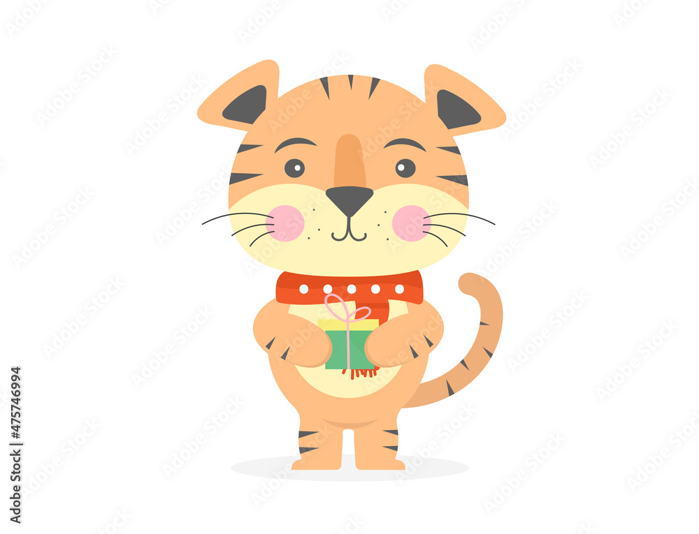 Fototapeta premium Cute tiger cartoon with a gift. Baby print. Flat design.