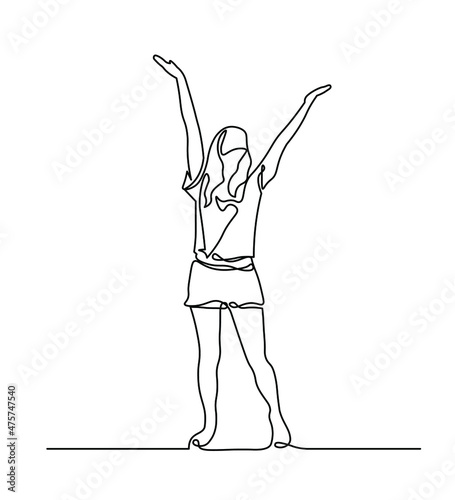 Beautiful woman standing with raised arms oneline art. Happy slim girl raised her hands up. Vector illustration isolated on white background