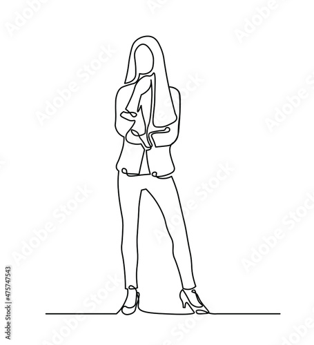 Beautiful confident business woman standing one line illustration