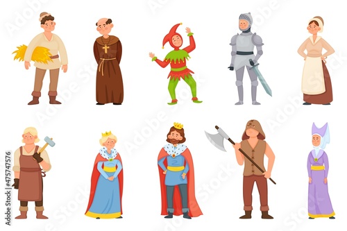 Cartoon historical medieval characters, king and queen, princess. Middle age knight, blacksmith, peasant, jester character vector set. Woman and man in old fairy tale or legend clothes photo