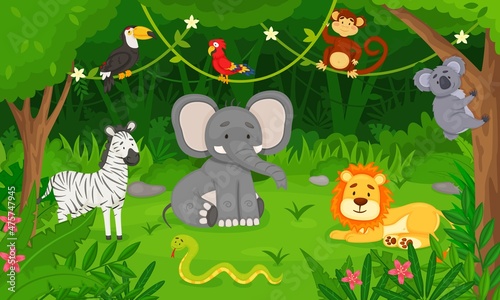 Cartoon wild animals in jungle forest, tropical animal habitat. Cute lion, snake, toucan, monkey, elephant, rainforest vector illustration. Wildlife with greenery and fauna characters #475747945
