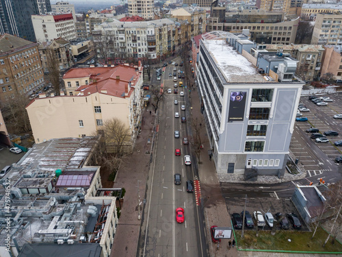 City street in Kiev in cloudy weather. Aerial drone view.