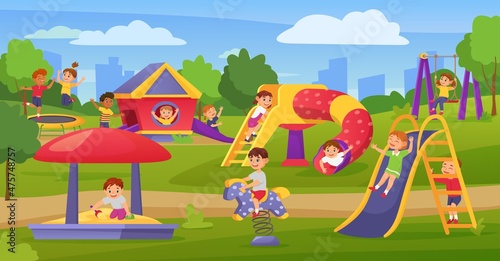 Cartoon kids playing on playground in summer park or kindergarten. Happy children on slide or swing, boy play in sandbox vector illustration. Outdoor activities for playful pupils in camp