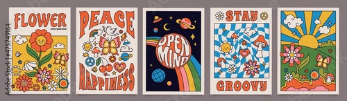 фотография 70s groovy posters, retro print with hippie elements