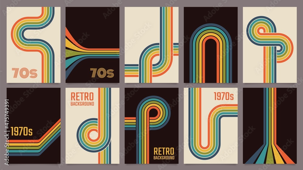 Naklejka premium Retro 70s geometric posters, vintage rainbow color lines print. Groovy striped design poster, abstract 1970s colorful background vector set. Minimalistic old-fashioned cover for artwork