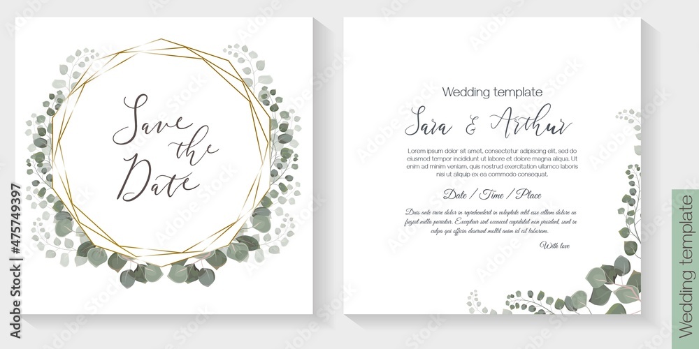 Vector herbal design for wedding invitation. Gold round, polygonal frame, eucalyptus, green plants, branches and leaves. Vector herbal design for wedding invitation. Gold round, polygonal frame, eucalyptus, green plants, branches and leaves.