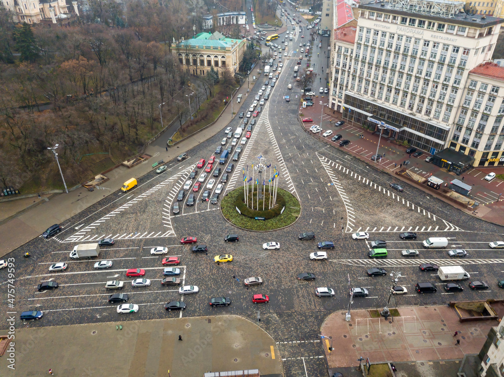City street in Kiev in autumn. Aerial drone view.