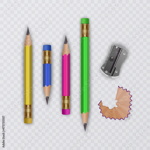 Purple pencil and sharpener in a realistic style for various websites