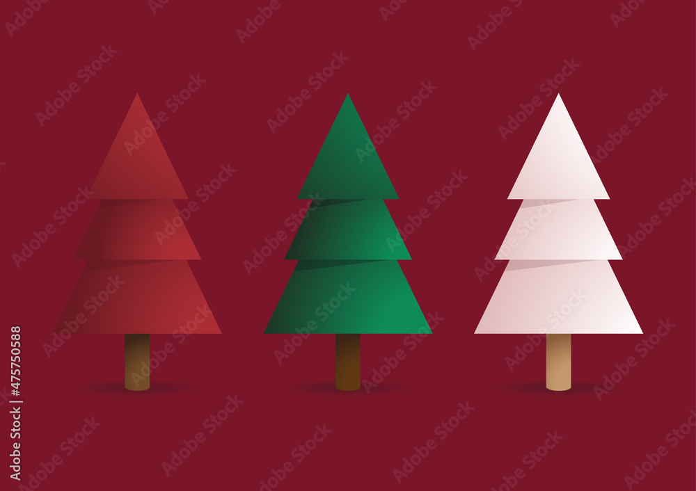Obraz premium Christmas tree 3D. Winter Christmas Red background with tree Xmas. New Year greeting card design with stylized Christmas tree. Vector illustration. Christmas tree logo.