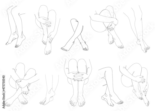 Collection. Silhouettes of human legs, feet in a modern one line style. Continuous line drawing, aesthetic outline for home decor, posters, wall art, stickers, logo. Vector illustration set.