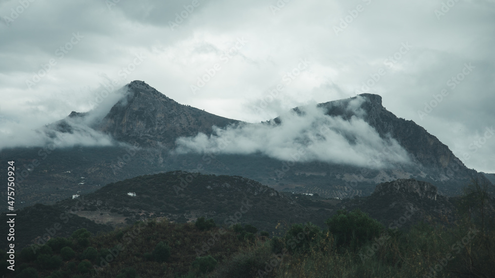 Mountains with fog on a rainy day