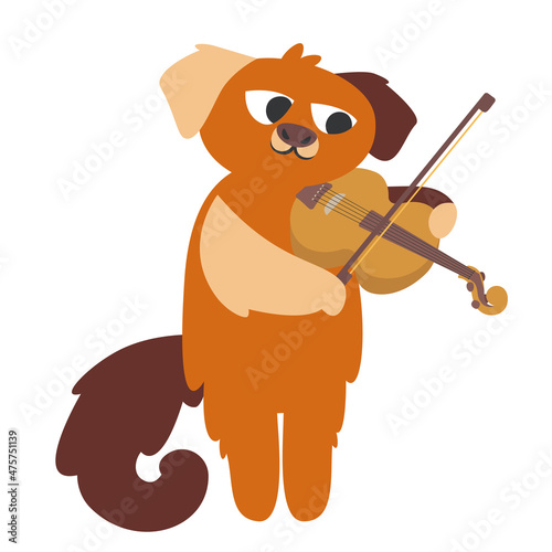 Dog plays the violin. Funny character in doodle flat style