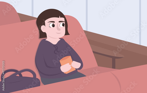 The girl is traveling in an intercity bus on a trip. A girl on a school bus is eating chips and looking out the window. Children's vector flat illustration