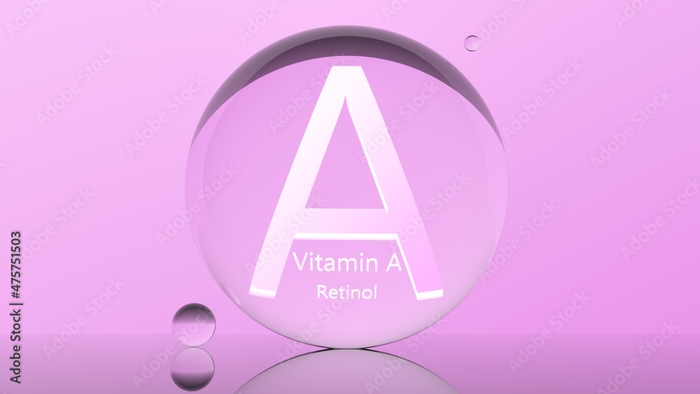Vitamin A on pink background realistic transparent capsule retinol. Natural vitamin A concept illustration 3D rendering. Vitamin A on pink background realistic transparent capsule retinol. Natural vitamin A concept illustration 3D rendering.