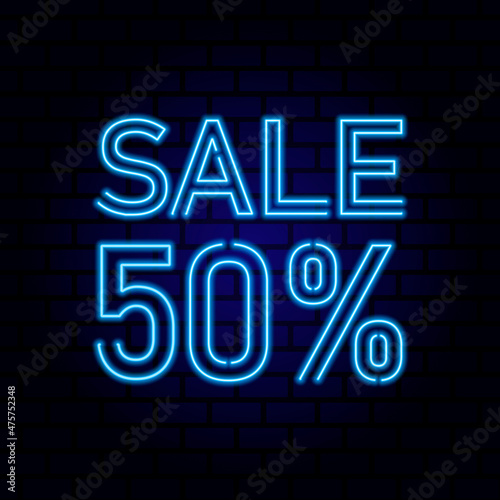 50 percent SALE glowing neon lamp sign. Vector illustration.