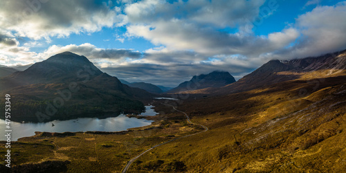 an aerial view of the torridon mountains near liathach, beinn eighe and sgurr dubh in the north west highlands of scotland during winter