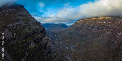 an aerial view of the torridon mountains near liathach, beinn eighe and sgurr dubh in the north west highlands of scotland during winter